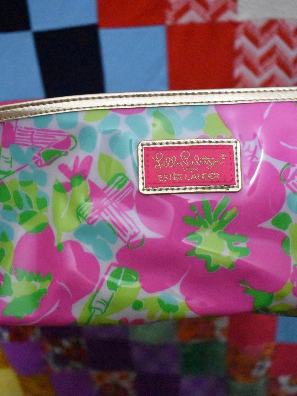 Lilly Pulitzer Pink Floral Cosmetic Pouch with Gold Trim